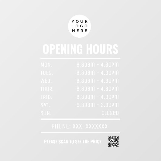 Transparente Öffnungszeiten mit QR-Code Fensteraufkleber (Blatt)