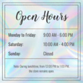 Transparenter Aufkleber für die Öffnungszeiten (Vorderseite)