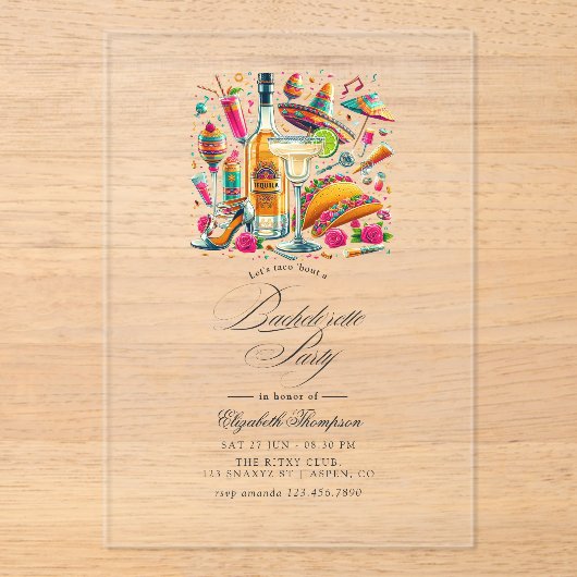 Transparenter mexikanischer Fiesta-Junggeselinnen- Acryleinladungen (Vorderseite)