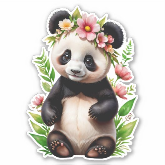 Transparenter Panda-Bär mit Blume Aufkleber (Vorderseite)
