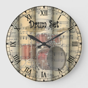 Transparentes Drum-Set ~ Vintage Noten Große Wanduhr