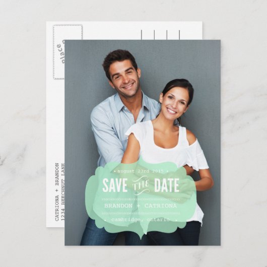 Transparentes Mint-Label | Save the Date Postkarte (Vorne/Hinten)