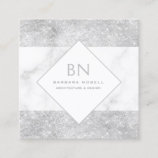 Transparentes Schimmer-Silber-Marmor-Monogramm Quadratische Visitenkarte (Vorderseite)