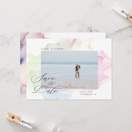 Transparentes Seide Modernes Foto Save the Date Einladung (Vorderseite/Rückseite Beispiel)