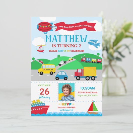 Transport Birthday Foto Einladung Junge (Stehend Vorderseite)