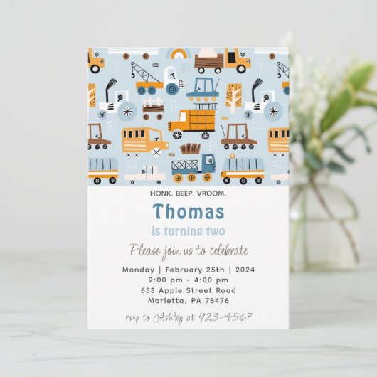 Transport Handgezogene Autos Geburtstag Einladung (Stehend Vorderseite)