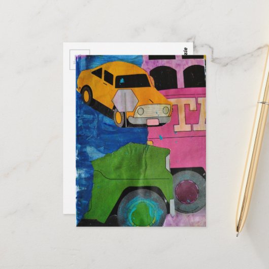 Transportation bright colors mixed media collage postkarte (Vorderseite/Rückseite Beispiel)