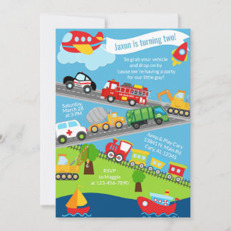 Transportation vehicles boy birthday invite. einladung