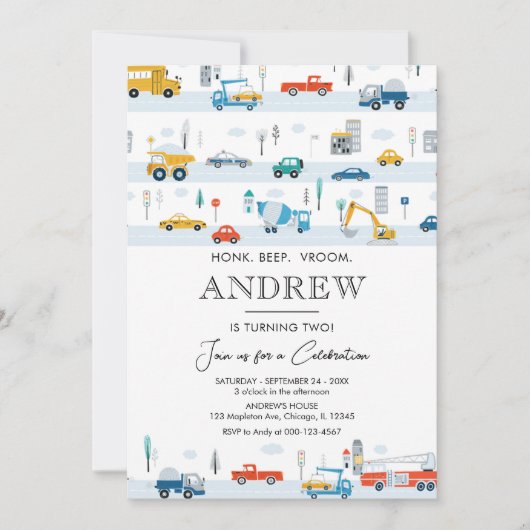 Transportfahrzeuge und Autos Junge Geburtstag Einladung (Vorderseite)
