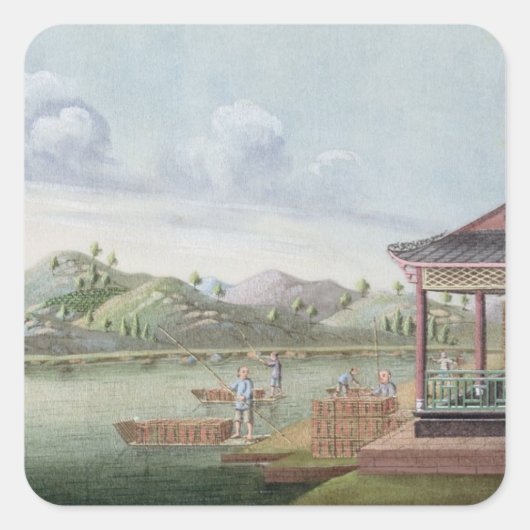 Transporting crates of tea (w/c on paper) quadratischer aufkleber (Vorderseite)