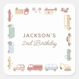 Transportwagen und Lastwagen Junge Geburtstagspart Quadratischer Aufkleber