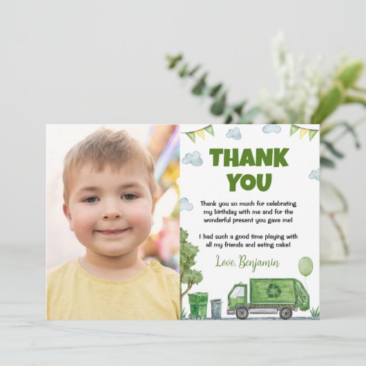 Trash Truck Birthday Foto Danke Karte (Stehend Vorderseite)