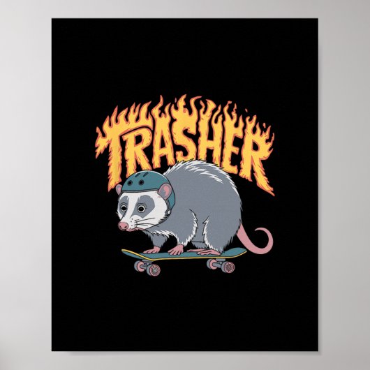 Trasher Skateboarding Opossum Helm Flammen Skate Poster (Vorne)