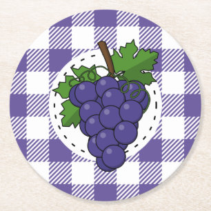 Trauben auf Weißviolett Kariert Runder Pappuntersetzer