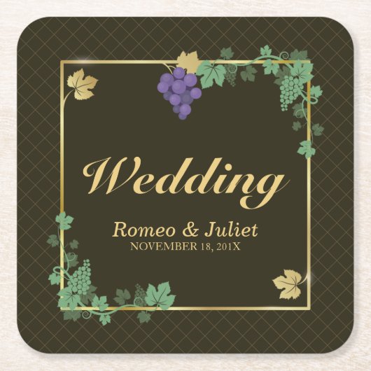 Trauben mit Goldrahmen-Hochzeitspapier-Untersetzer Rechteckiger Pappuntersetzer (Vorderseite)