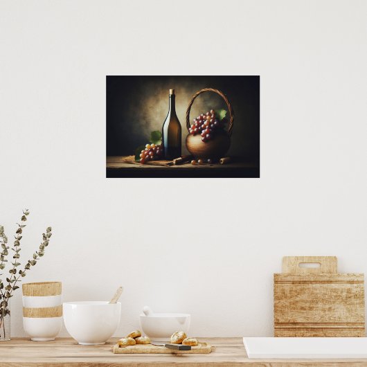 Trauben und eine Flasche Wein Stillleben Poster (Küche)