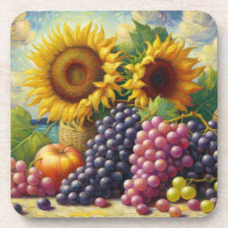 Trauben und Sonnenblumen Ölgemälde aus Hartkunstst Getränkeuntersetzer