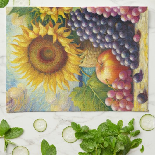 Trauben und Sonnenblumen Ölgemälde Geschirrtuch (Gefaltet)