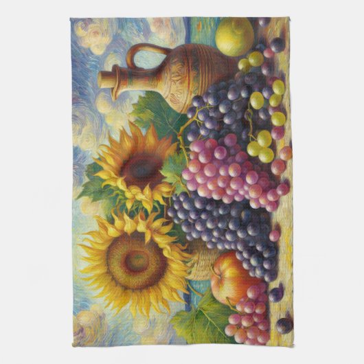 Trauben und Sonnenblumen Ölgemälde Geschirrtuch (Vertikal)