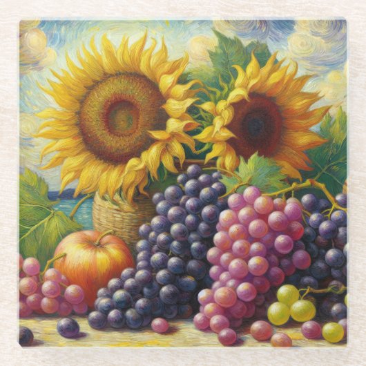 Trauben und Sonnenblumen Ölgemälde Glasuntersetzer (Vorderseite)