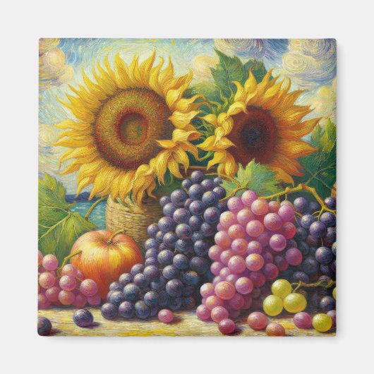 Trauben und Sonnenblumen Ölgemälde Magnet (Vorne)