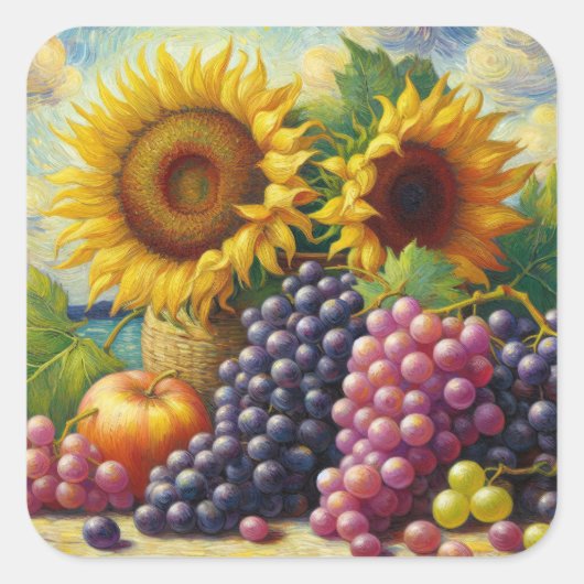 Trauben und Sonnenblumen Ölgemälde Quadratischer Aufkleber (Vorderseite)