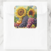 Trauben und Sonnenblumen Ölgemälde Quadratischer Aufkleber (Tasche)