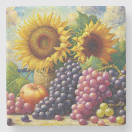 Trauben und Sonnenblumen Ölgemälde Steinuntersetzer (Vorderseite)