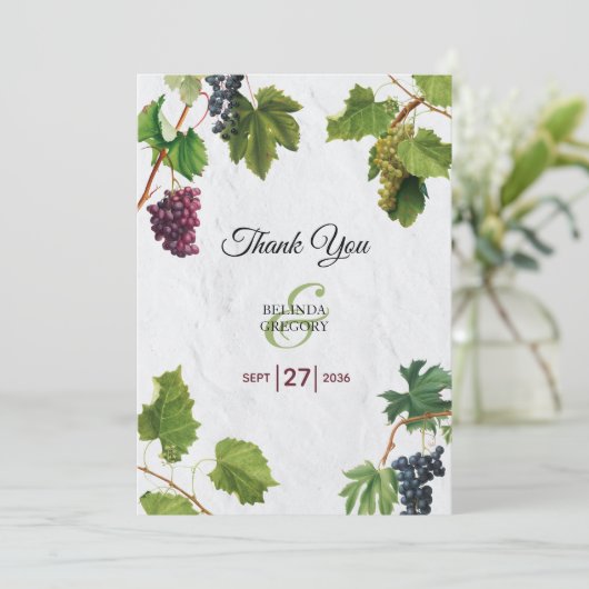 Trauben Weinberg Griechische Insel Hochzeit Dankeskarte (Stehend Vorderseite)