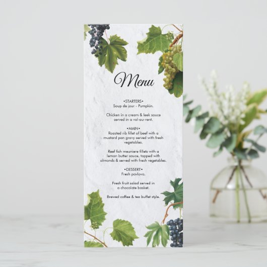 Trauben Weinberg Griechische Insel Hochzeit Menükarte (Stehend Vorderseite)
