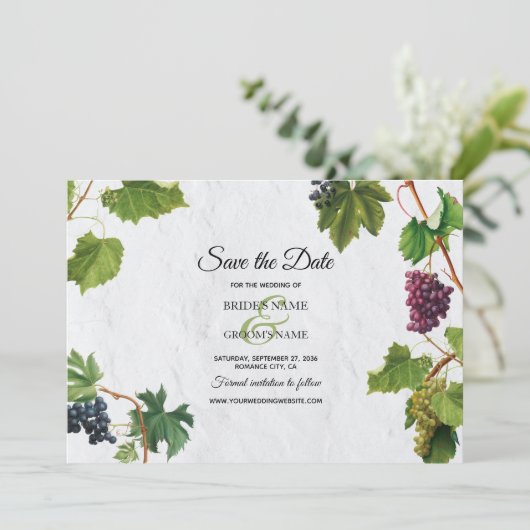 Trauben Weinberg Griechische Insel Hochzeit Save The Date (Stehend Vorderseite)