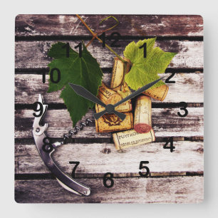 Traubenblatt, Weinflaschenkorken und Korkenzieher Quadratische Wanduhr