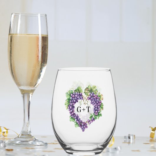 Traubenherz-Monogramm-Initialen Hochzeit Weinglas Ohne Stiel