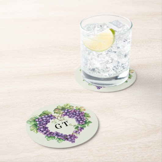 Traubenherzmonogramm-Initialen Runder Pappuntersetzer (Vor Ort)