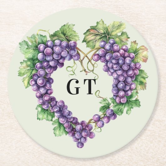 Traubenherzmonogramm-Initialen Runder Pappuntersetzer (Vorderseite)
