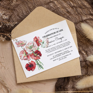 Trauerfeier   Aquarell Rote Mohnblume Beerdigung Einladung