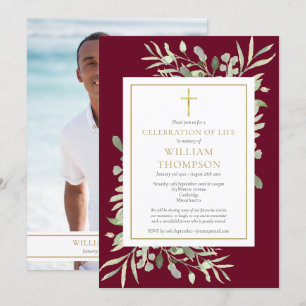 Trauerfeier Bestattung Laubwerk Burgunder Foto Einladung