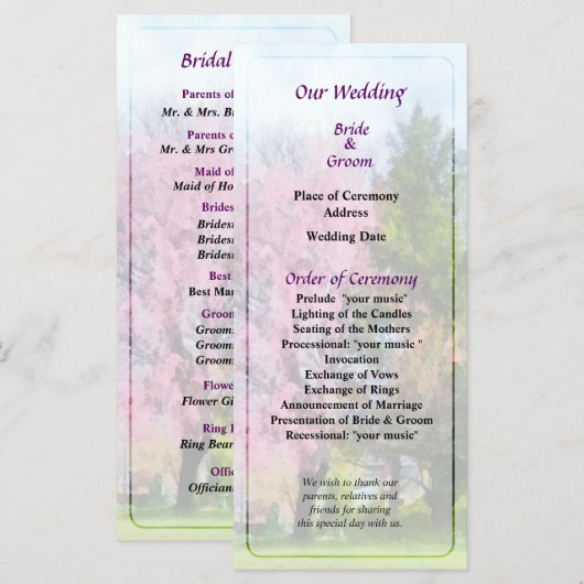 Trauerkirsche und Evergreen Hochzeitsprogramm Programm (Vorne/Hinten)