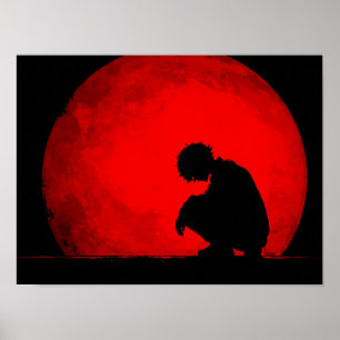 Trauernde Männer-Silhouette vor texturierter roter Poster