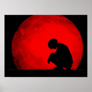 Trauernde Männer-Silhouette vor texturierter roter Poster