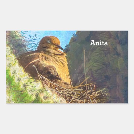 Trauernde Taube mit Baby Saguaro Cactus Nest Rechteckiger Aufkleber (Vorderseite)