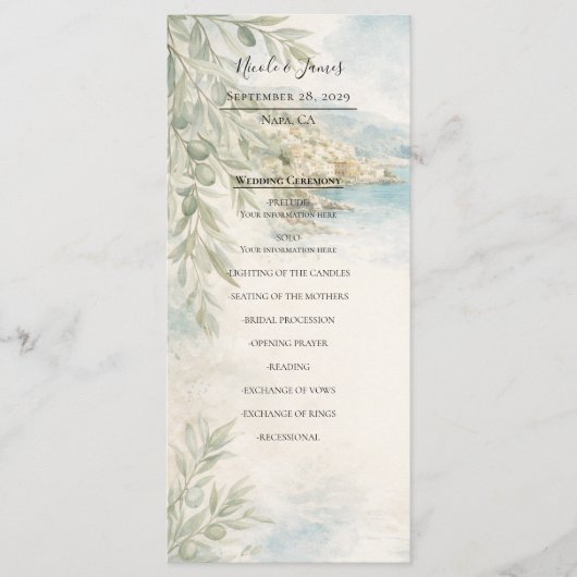 Traum am Mittelmeer - Hochzeitsprogramm der Amalfi Menükarte (Vorderseite)