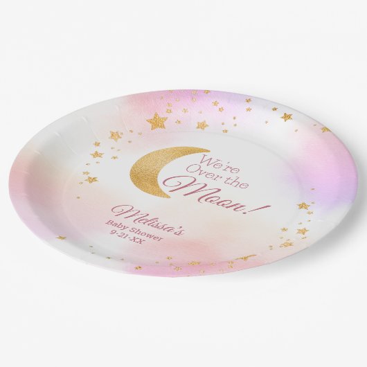 Traum über dem Mond Pink Girl Baby Dusche Pappteller (Schrägansicht)