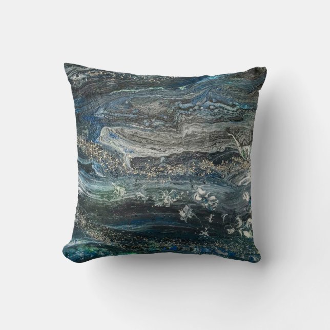 Träume von der Ocean'19 Acrylmalerei in Grau Kissen (Vorderseite)