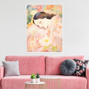 Träumend in Blüten – Aquarell Schlafende Frau Leinwanddruck