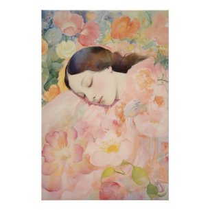 Träumend in Blüten – Aquarell Schlafende Frau Poster
