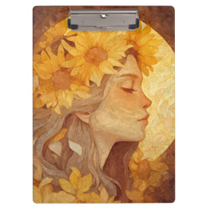 Träumende Frau mit goldener Sonnenblume auf Klemmb Klemmbrett