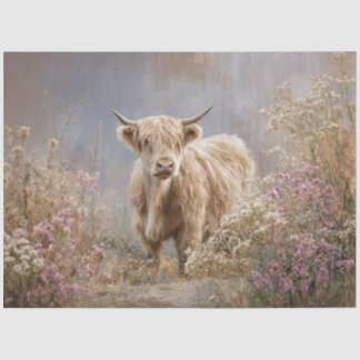 Träumende Highland-Kuh Rosa Wildblumen Seidenpapier
