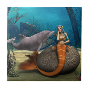 Träumende Meerjungfrau Delfin Unterwasser Fantasy  Fliese