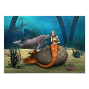 Träumende Meerjungfrau Delfin Unterwasser Fantasy Fotodruck